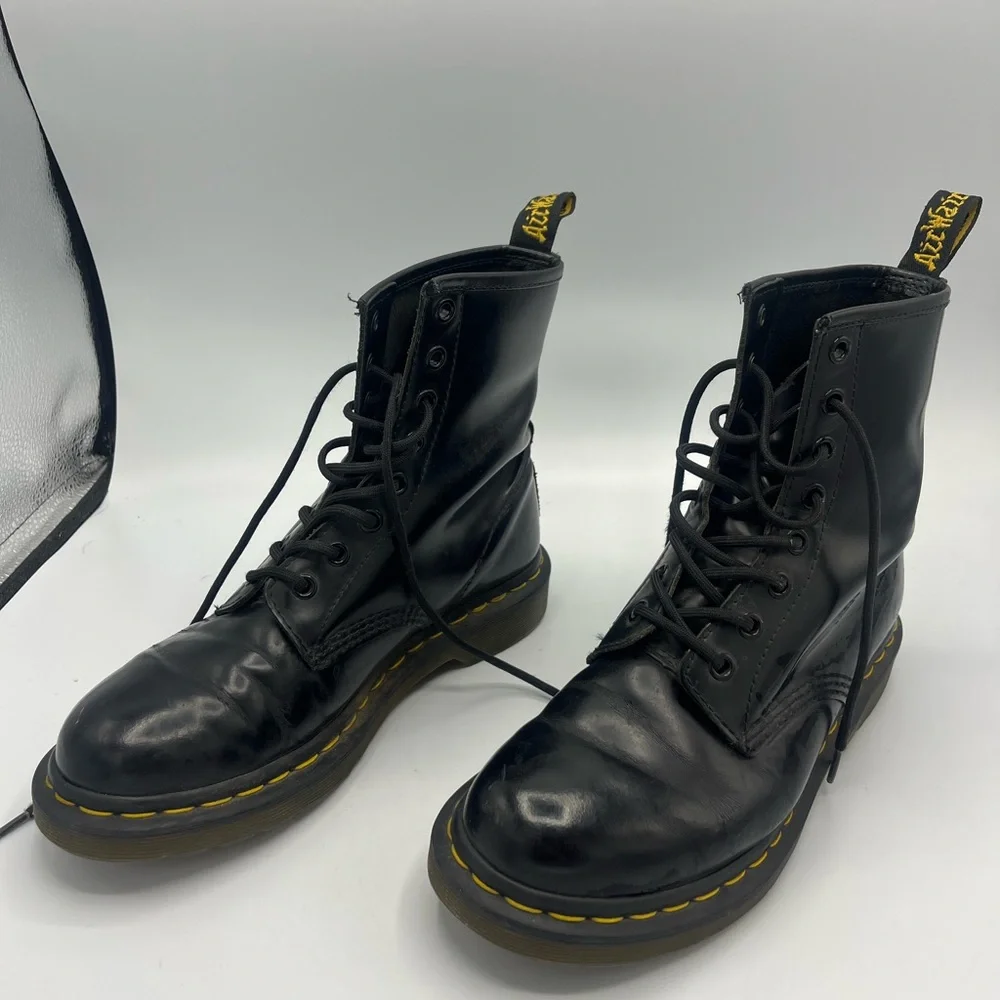Dr. Martens Black Leather Boots with Yellow Stitching - Picture 2 of 8